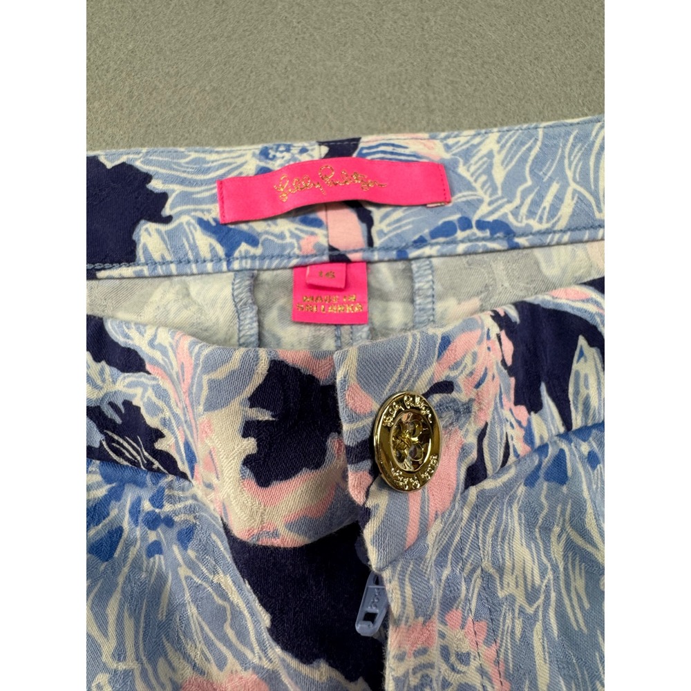Lilly Pulitzer Kelly Ankle Pants Blue Pink Floral Jacquard Size 16